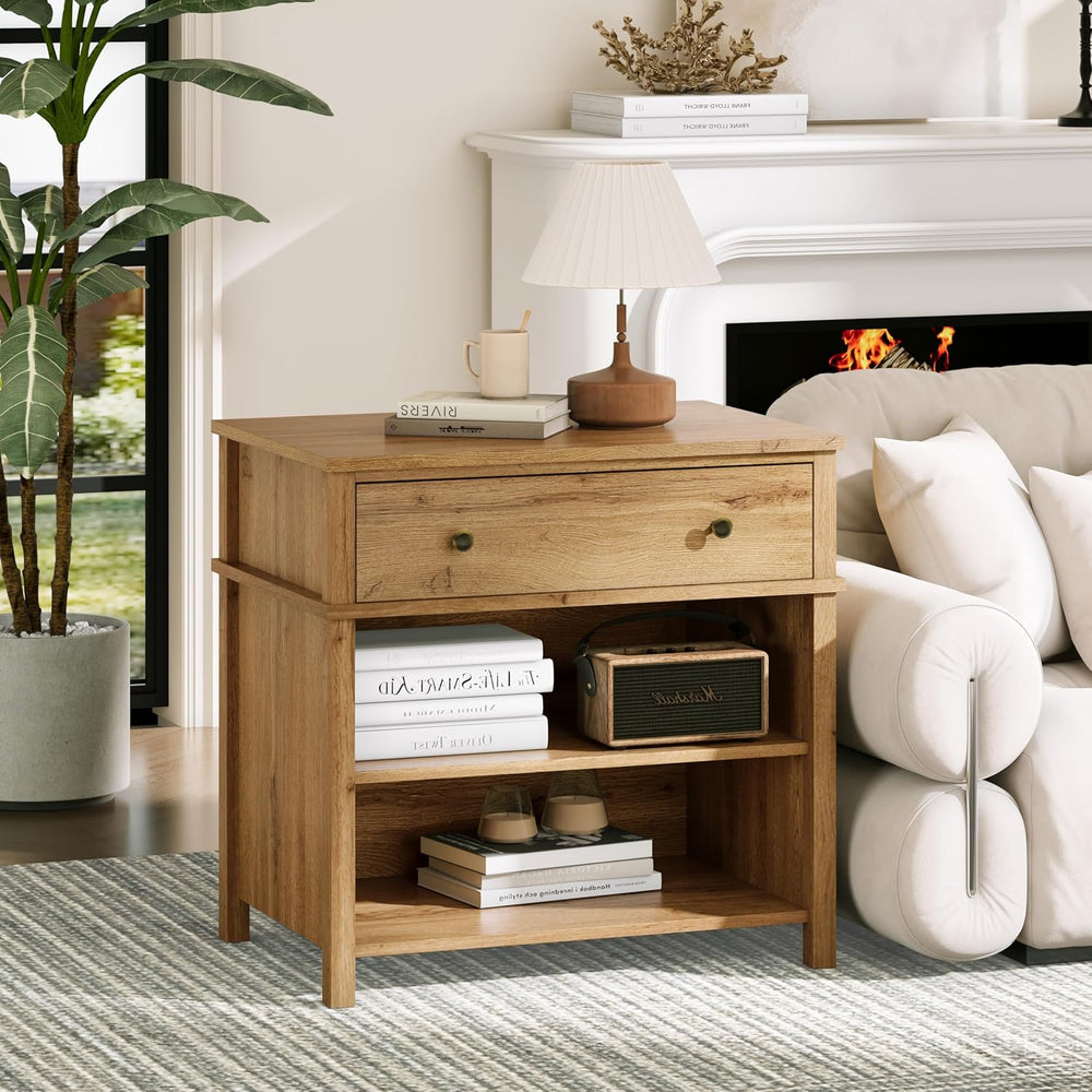 End Table with Drawer and 2 Tier Shelves, Wood Sofa Side Table for Living Roo...