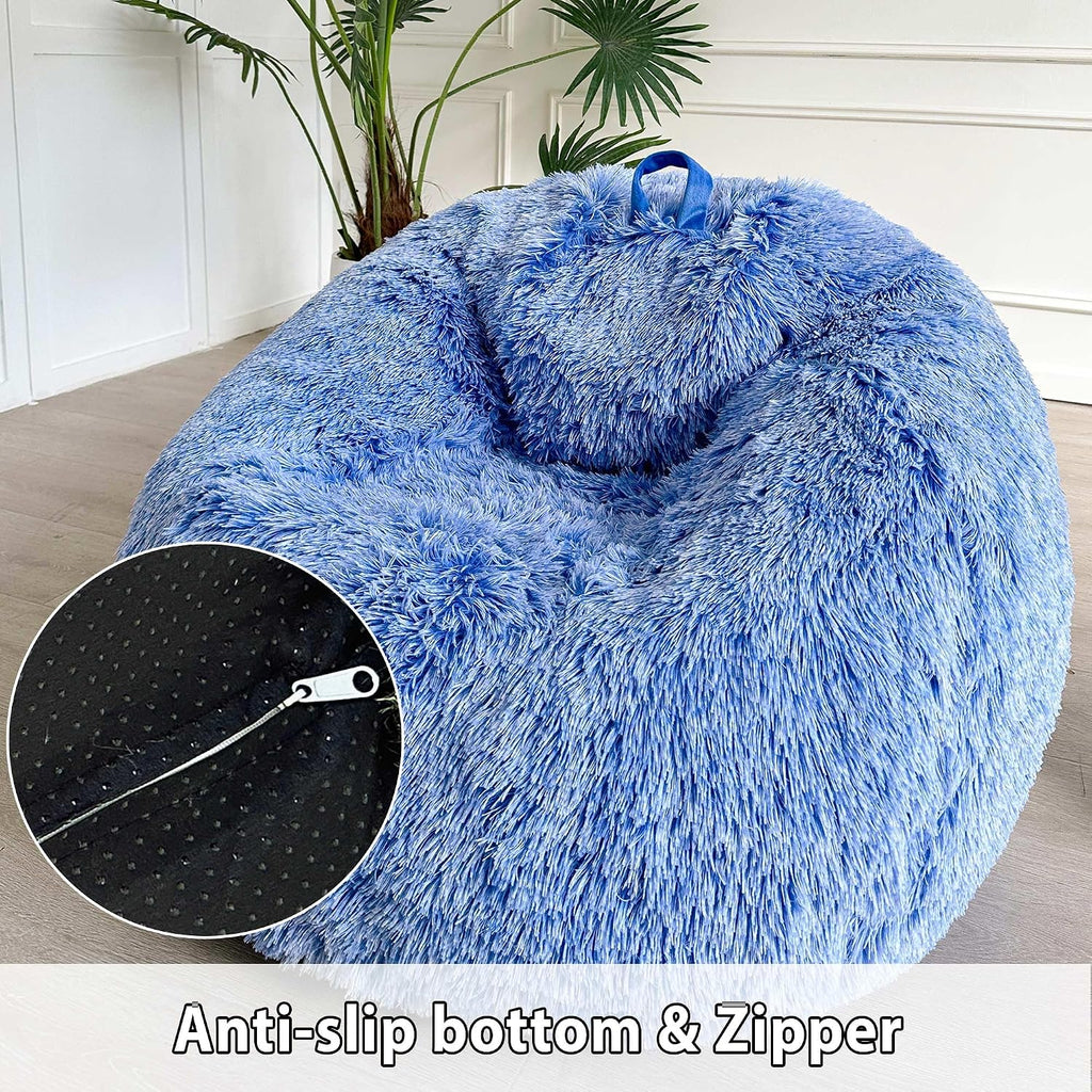 LIFEREVO Fluffy Faux Fur Bean Bag Chair Cover Blue (No Filler), Ultra-Soft Stuffed Animal Storage Bean Bag Kids Adults, Premium Anti-Slip Furry Beanbag Cover for Plush Toys Memory Foam (Ombre Blue)