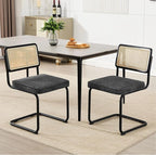 Zesthouse Rattan Dining Chairs Set of 2, Mid Century Modern Dining Room Chairs with Natural Cane Mesh & Black Metal Base, Ceaca Kitchen Chair with Upholstered Linen Fabric Cushion, Dark Grey