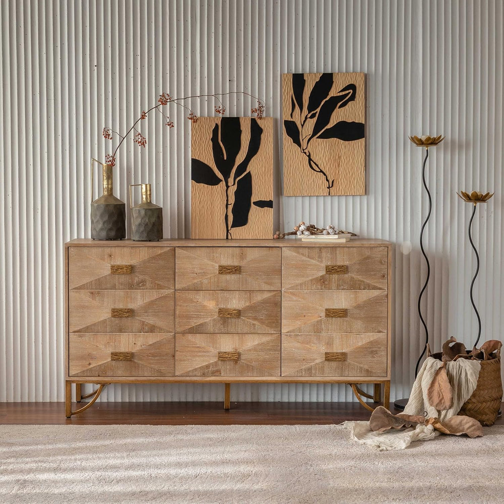 59.44" Light Wood Sideboard, Geometric Relief Buffet with 3 Drawers &amp...
