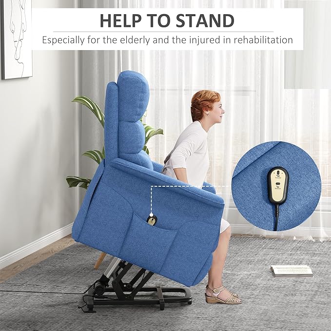 HOMCOM Power Lift Recliner Chair for Elderly, Easy Assembly, Fabric Lift Chair for Adults, Recliner Sofa with Remote Control, Side Pockets for Living Room, Blue