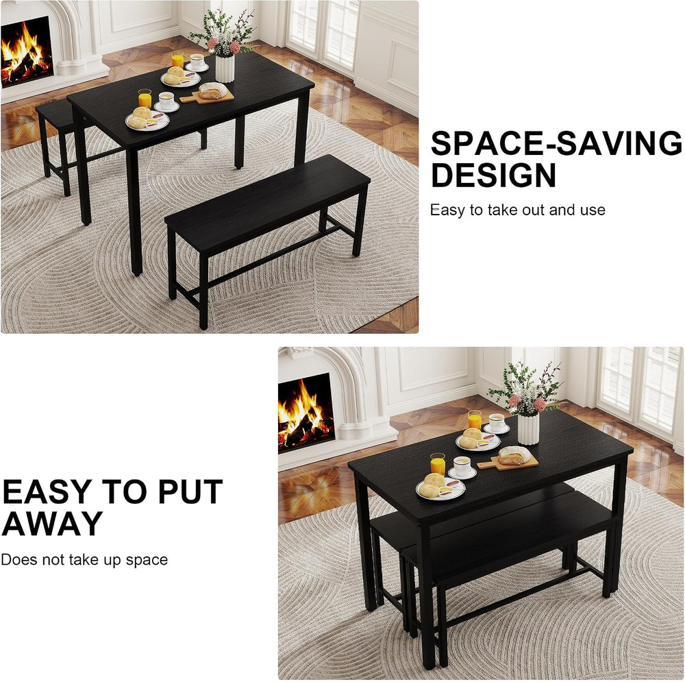 Dining Table Set for 4, Kitchen Table with 2 Benches, 3-Piece Wood Dining Roo...