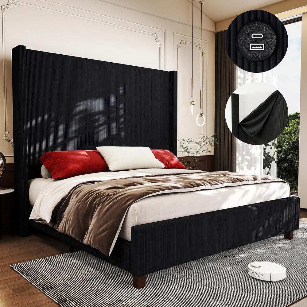King Size Corduroy Upholstered Bed Frame with 65.2" Tall Headboard,USB C...