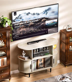 35.4" Fluted Small TV Stand, Mid Century Modern TV Stands for Bedroom,TV Entertainment Center with Storage for TVs, Round Media Console Cabinet with Sliding Doors for Bedroom, Living Room, Nature