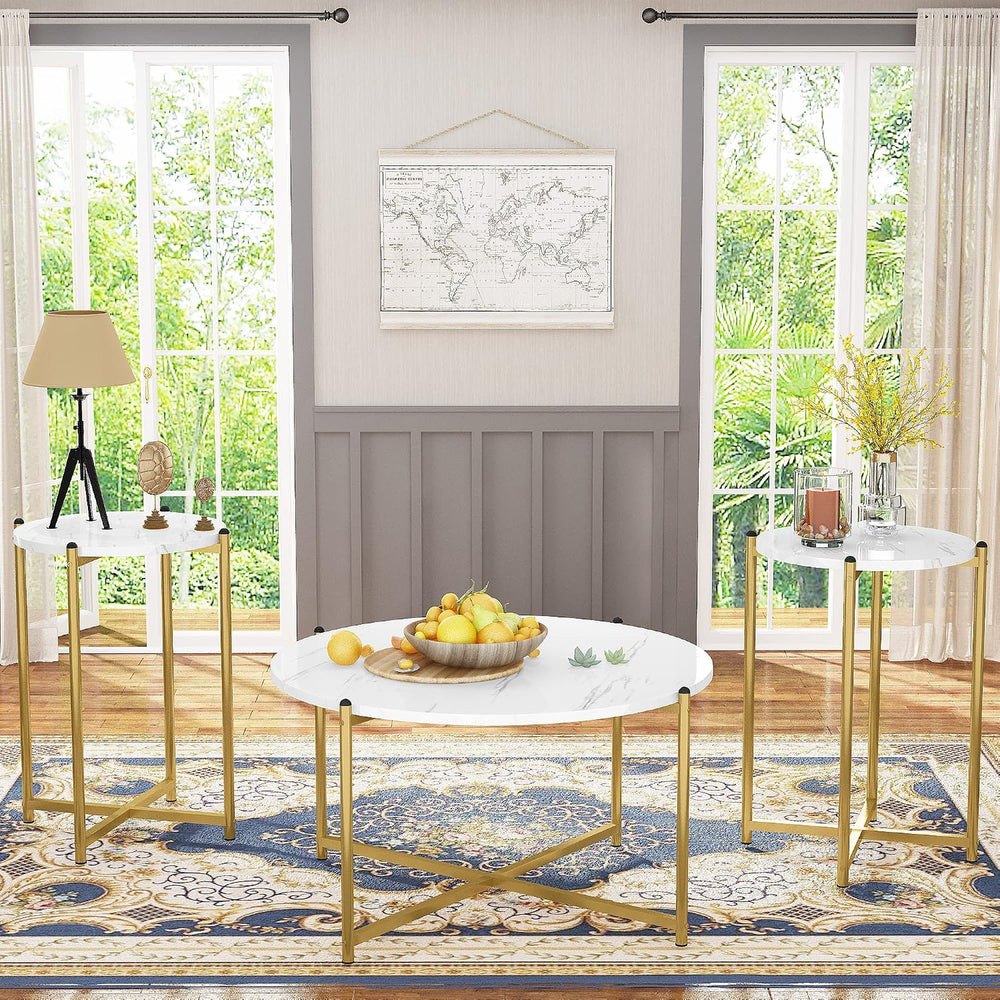 Lamerge Round Coffee Table Set of 3, Faux Marble Table Set with Living Room T...