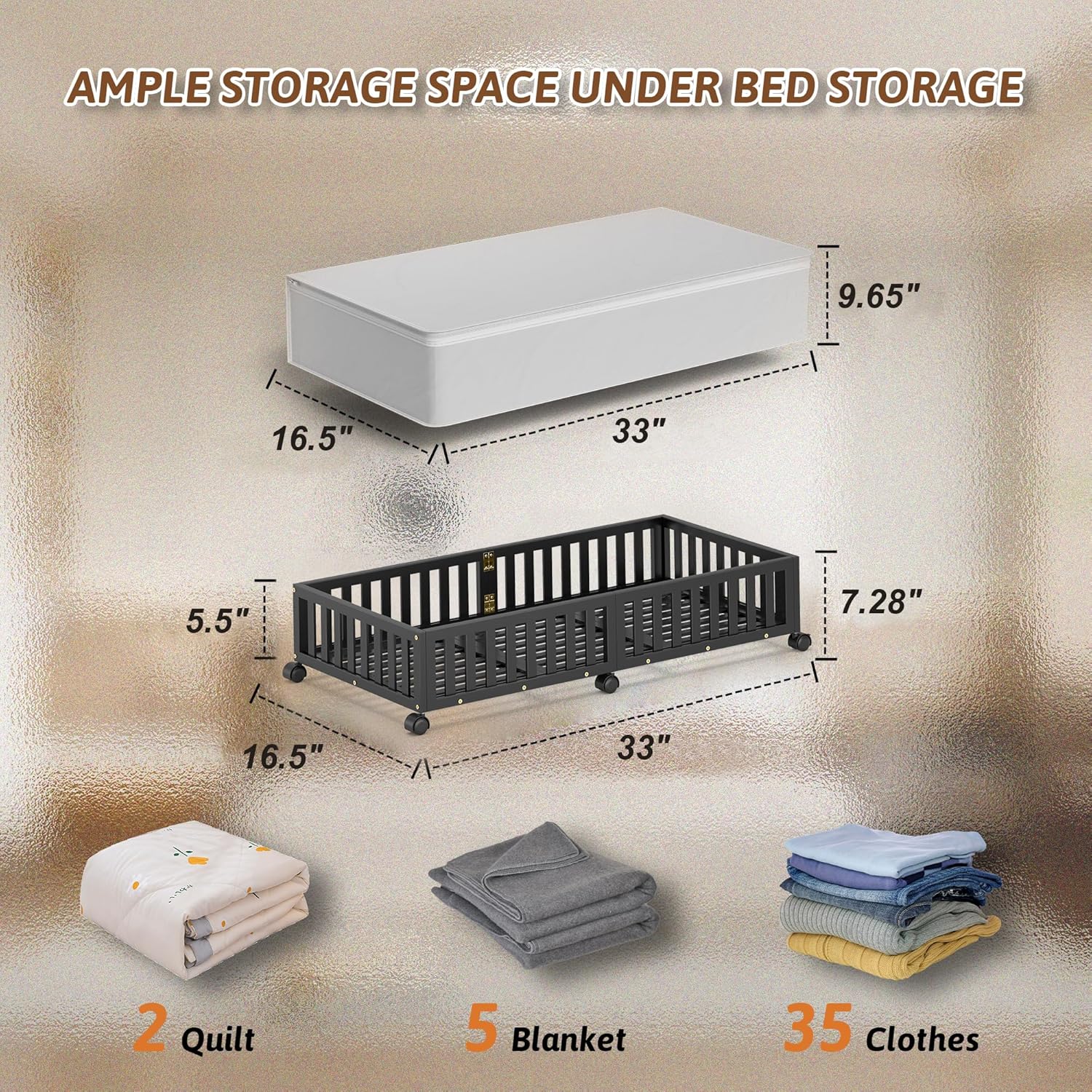 Bamboo Under Bed Storage Containers with Wheels, 2 Pack Large Under the Bed Shoe Storage Bins, Wood Rolling Underbed Drawers Organizer for Bedroom Closet Clothes Blanket Under Crib Toy Black