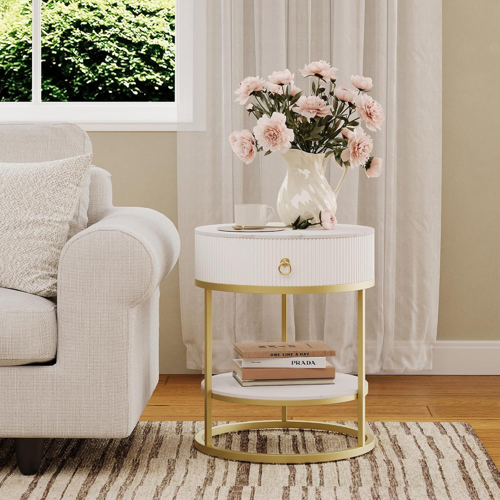 COSIEST Round Side Table with Drawer, Modern Tall Nightstand with Faux Marble...
