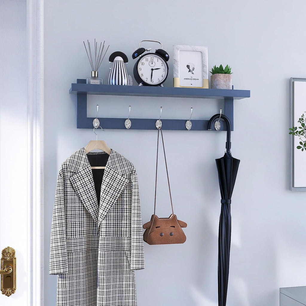 SMIBUY Coat Hooks with Shelf Wall-Mounted, 29.2 Inch Entryway Coat Rack for Wall, Bamboo Hanging Shelf with 5 Double Metal Hooks for Bathroom, Bedroom, Kitchen, Living Room, Mudroom (Grey)