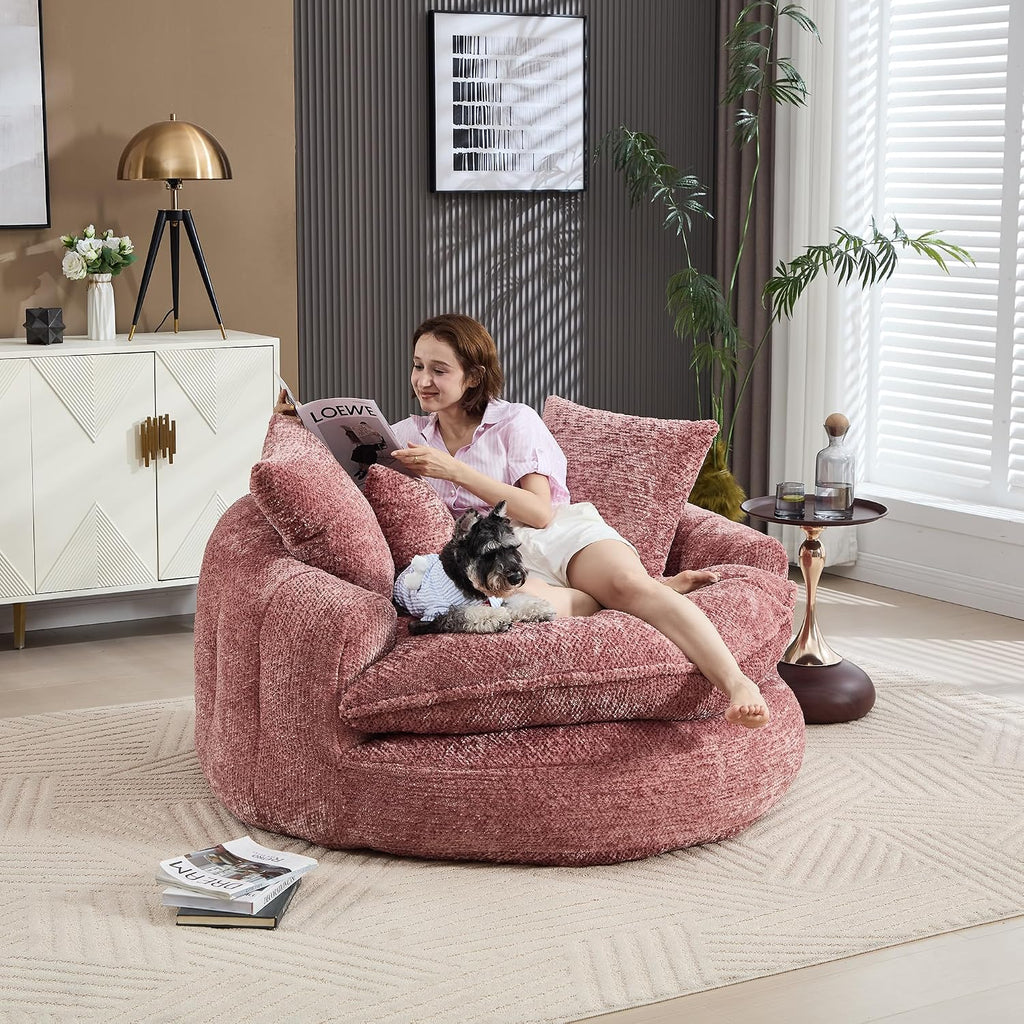 54'' Oversized Round Bean Bag Chaise Lounge Barrel Chair with Movable Ottoman, Fluffy Cloud Couch Boneless Round Sofa Chair for Living Room, Bedroom, Apartment, Pink