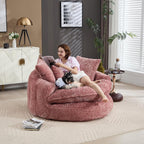 54'' Oversized Round Bean Bag Chaise Lounge Barrel Chair with Movable Ottoman, Fluffy Cloud Couch Boneless Round Sofa Chair for Living Room, Bedroom, Apartment, Pink