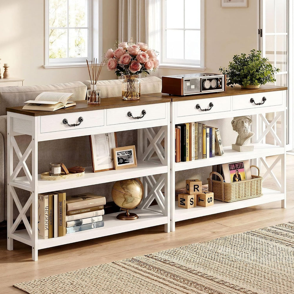IRONCK 39.4" Farmhouse Console Table with Storage, White/Walnut | Narrow...