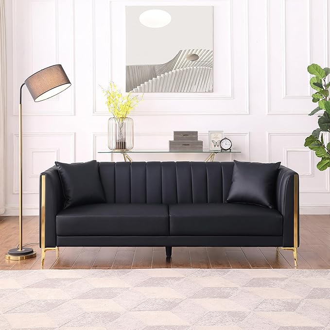 FOTOSOK Black Leather Couch Sofa, Office Couches for Living Room, 78'' Apartment Faux Leather Sofa with 2 Throw Pillows and Gold Metal Legs, Waterproof 3 Seater Couches for Small Living Room