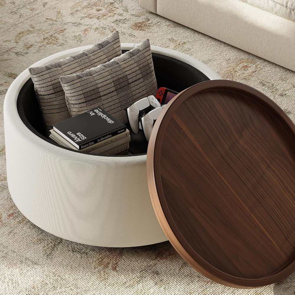 Round Storage Ottoman Coffee Table with Walnut Tray, 30'' Round Ottom...