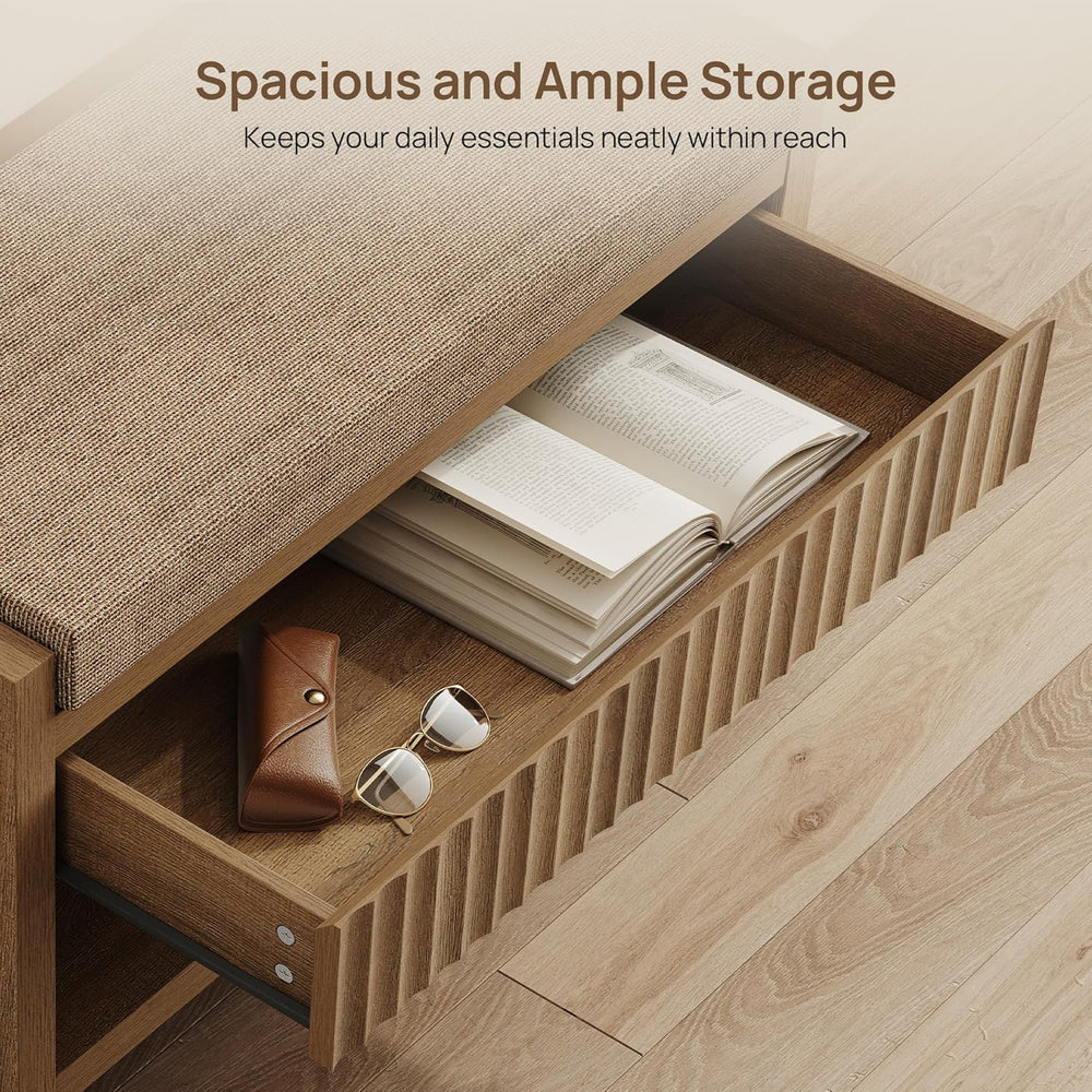 SICOTAS Fluted Shoe Bench with Cushion & Drawer for Entryway, Caramel Oak...