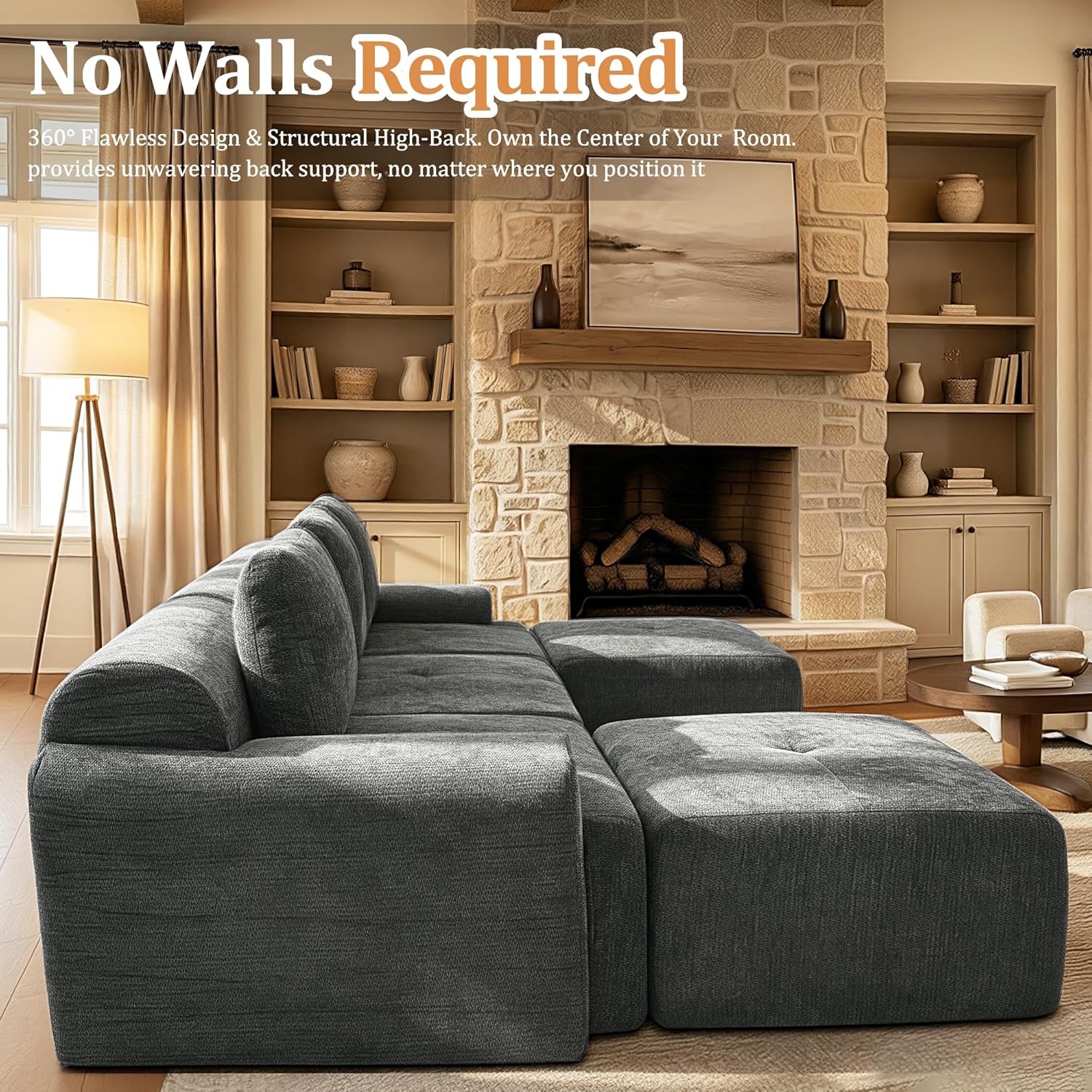 122" U Shaped Oversized Boneless Couch, Comfort Cloud Sectional Couches for Living Room, Modular Sofa High Back & Extra Deep Seat, No Assembly, Soft Chenille (Dark Grey, 122 inch-U shaped（3+2）)