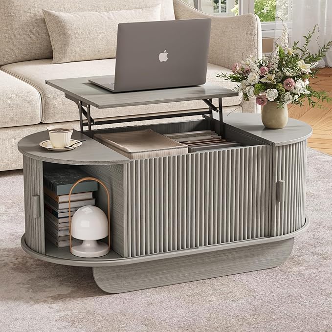 Fluted TV Stand and Coffee Table Set of 2, 86.6'' TV Console for 55-85 Inch, Modern Entertainment Center with Large Storage Cabinet, Lift Top Coffee Table for Living Room, Bedroom, Grey