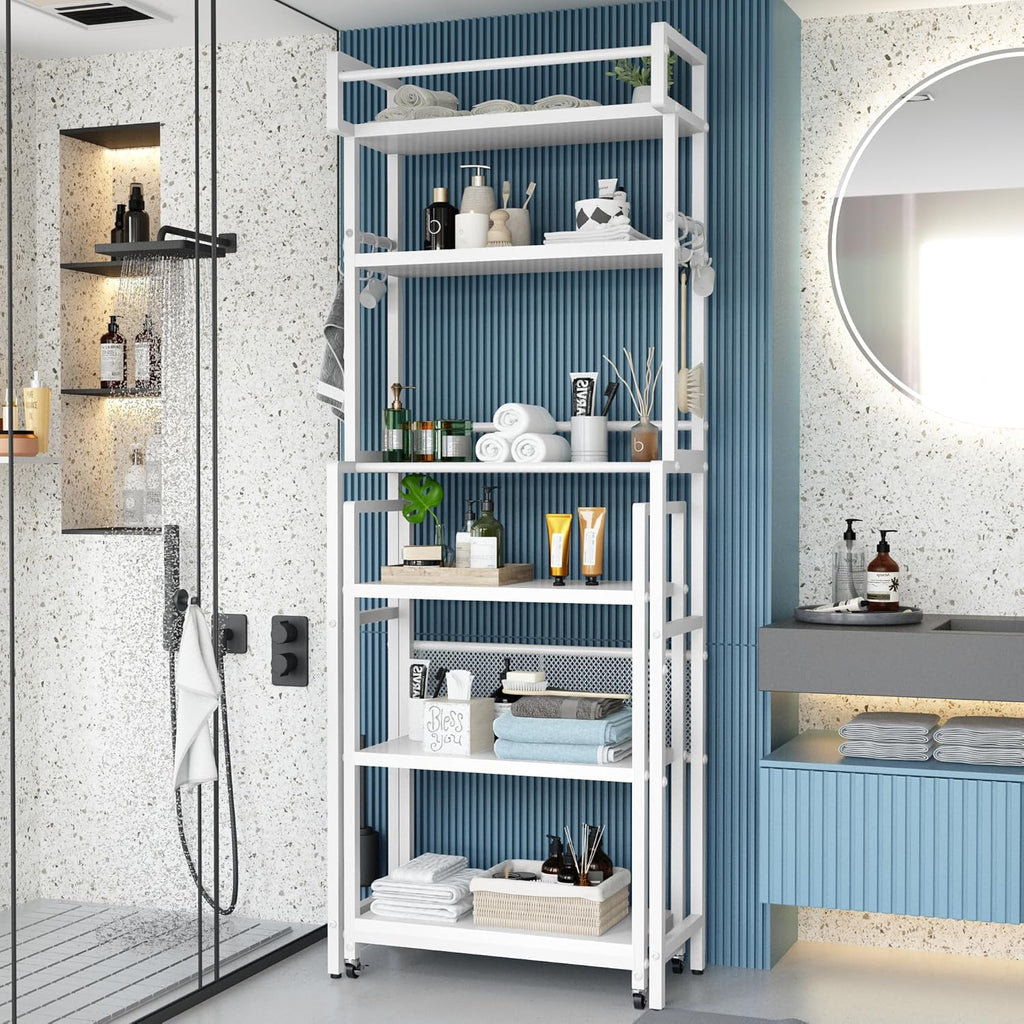 Recaceik 6-Tier Over The Toilet Storage Shelf with Cart, Freestanding Above Toilet Shelf Rack, Farmhouse Bathroom Organizer Shelves, Space Saver (White)