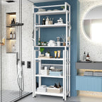 Recaceik 6-Tier Over The Toilet Storage Shelf with Cart, Freestanding Above Toilet Shelf Rack, Farmhouse Bathroom Organizer Shelves, Space Saver (White)