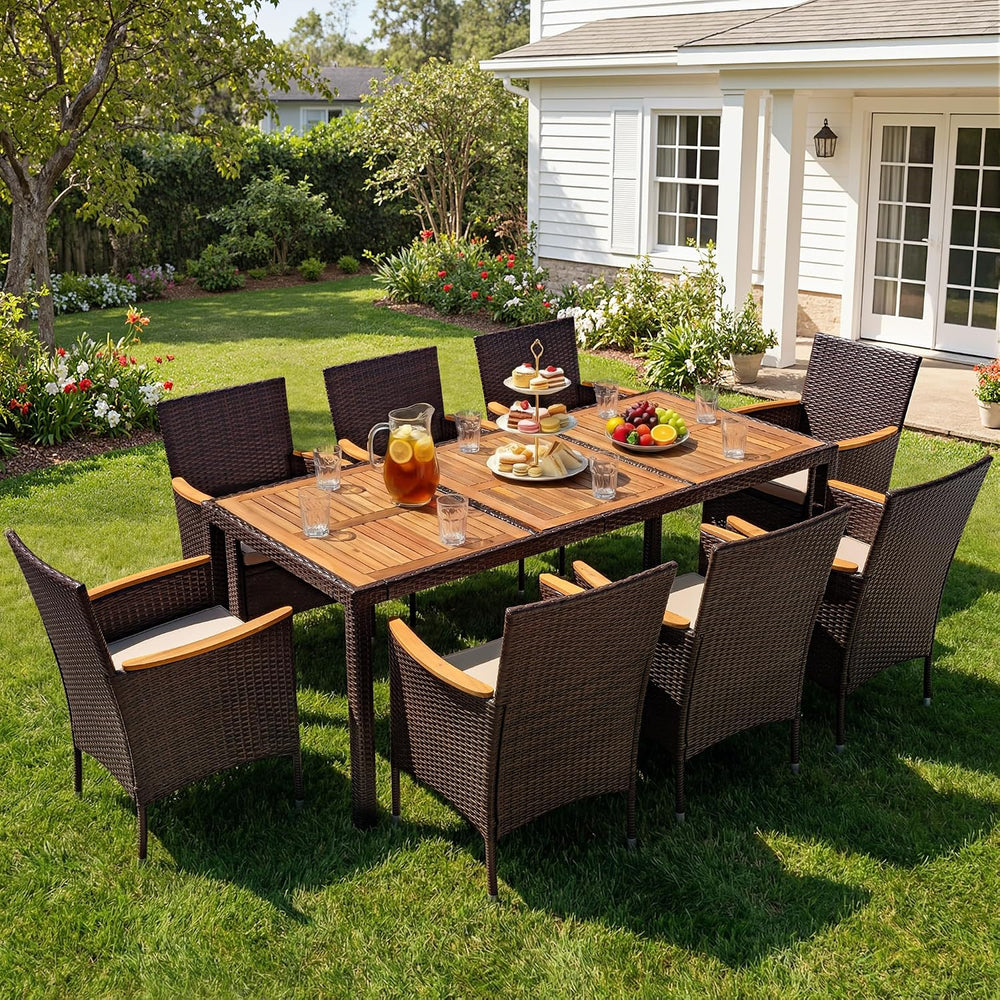 Devoko 9 PCS Acacia Wood Patio Dining Set, Brown Rattan
