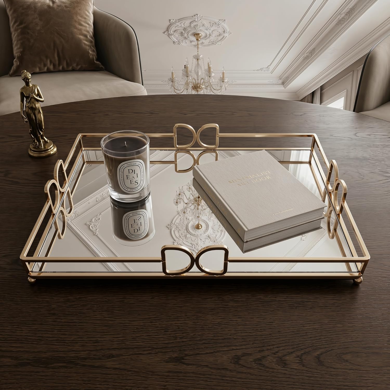 13X 10 Inch Glass and Gold Rectangle Tray ，Dinner Plate Perfume and Vanity Tray - Decorative Mirrored Vanity Tray with Gold Metal Cutout Design, Jewelry Organizer (13 Inch DD Tray)