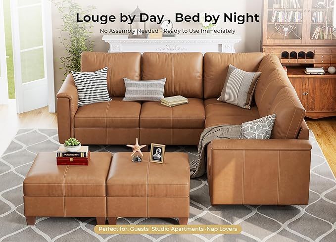 SITJOY 118" Faux Leather Modular Sectional Sofa with Storage, Mid Century Modern Sectional Couches for Living Room, Soft Padded Armrests, 7 Seat L Shaped Couch with Ottoman, Brown