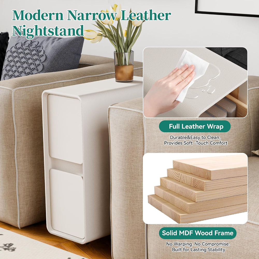 7.8" W Faux Leather Narrow Nightstand, Modern Fully-Assembled Bedside Ta...