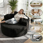 56''Oversized Round Chair Lounge Chaise Indoor with Cup Holders & Side Pocket, Corduroy Cloud Circle Single Boneless Deep Seat Chair, Modern Comfy Floor Sofa with Heart Pillows for Living Room,Bedroom