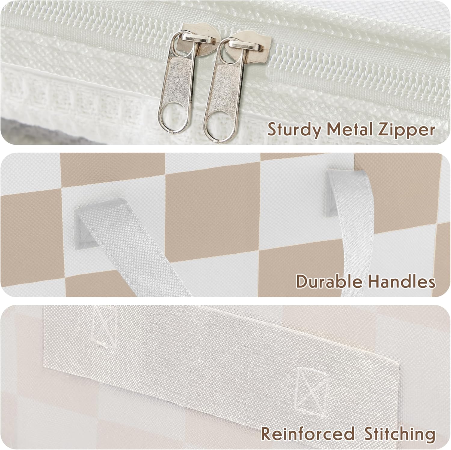 Beige Checkered Clothes Storage Bins, 100L Large Blanket Storage Bags 3 Pack, Closet Organizers and Storage Containers for Comforters, Bedding, Foldable Organizer with Handle