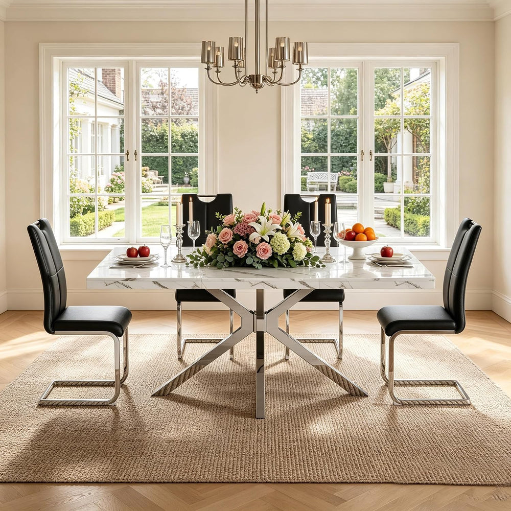Faux Marble Dining Table Set for 6, Modern Kitchen Table Chairs Set 6, 70&quo...