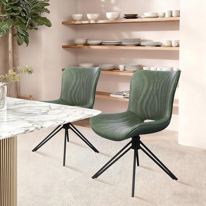 Dining Chairs Set of 2, 360° Swivel Armless Faux Leather Accent Chairs with Padded Back and Metal Legs, Mid-Century Modern Kitchen, Dining Room, Living Room, Bedroom Green
