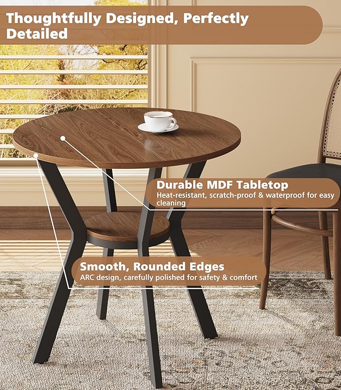 31.5" Round Dining Table for 2-4, Farmhouse Small Kitchen Table with Sto...