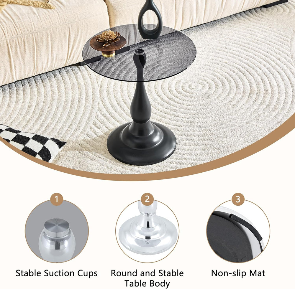 Round Glass Side Table with Silver Metal Base, 19.6'' Gray Tempered G...