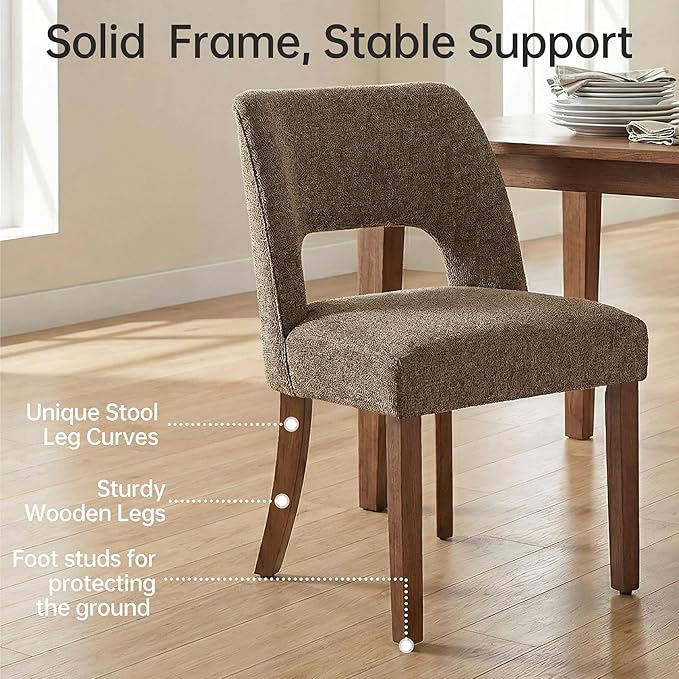 keoni Wooden Dining Chairs Set of 6, Mid Century Modern Upholstered Dining Room Chairs with Rubberwood Legs, Fabric Farmhouse Kitchen Chairs with Foot Pegs for Dining Room, Dark Brown