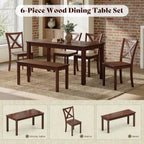 AMERLIFE 6-Piece Farmhouse Dining Table Set, 59" Wooden Kitchen Table with 4 Chairs and Bench, Space-Saving Rustic Dining Room Set for 6, Walnut