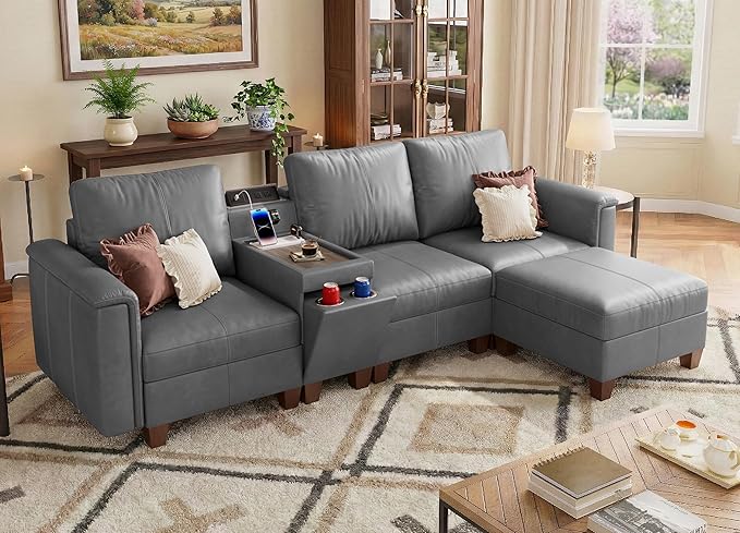 SITJOY 105" Faux Leather Modular Sectional Sofa with Storage, Mid Century Modern Sectional Couches for Living Room, 4 Seat L Shaped Couch with Ottoman and Console Table, Hidden Cupholders, Gray