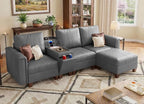 SITJOY 105" Faux Leather Modular Sectional Sofa with Storage, Mid Century Modern Sectional Couches for Living Room, 4 Seat L Shaped Couch with Ottoman and Console Table, Hidden Cupholders, Gray