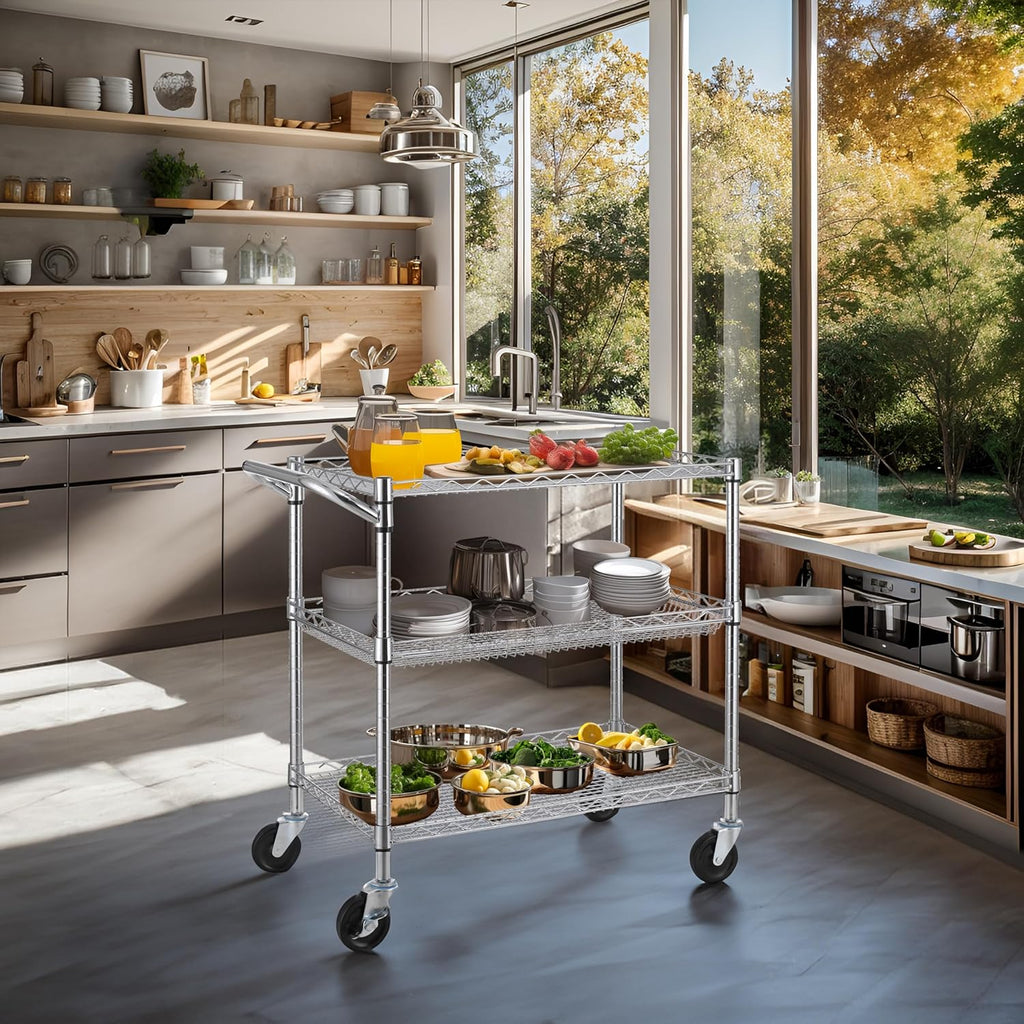 Finnhomy 3 Tier Heavy Duty Commercial Grade Utility Cart, Wire Rolling Cart with Handle Bar, Steel Service Cart with Wheels, Utility Shelf Plant Display Shelf Food Storage Trolley, NSF Listed
