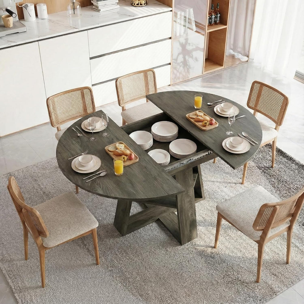 43.3"-59" Round Extendable Dining Table for 4-6 Industrial Grey Woo...