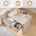 Fluted Nightstand with Charging Station, 23.6" End Table with Open Shelf and Drawers Storage, Bedside Table with Solid Wood Handle, Curved Profile Design, Night Stand for Bedroom