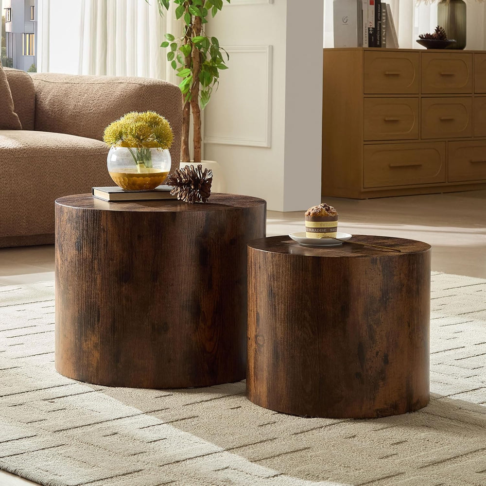Nesting Coffee Table Set of 2, Modern Round Small Side Table Circle Accent En...