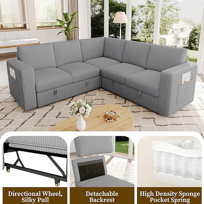 83.5" Sectional Sleeper Sofa with Pull Out Couch, Modern 5 Seat L Shaped Modular Couch, Sectionals Modular Sofa with Storage, Comfy Corduroy Couches Sectional for Living Room & Apartment, Gray