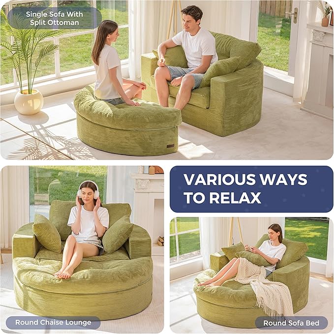 MAXYOYO L Shape Sectional Sofa Couch and Round Chaise Lounge, Modern Cloud Couch with Ottoman, Comfy Sofa with Layered Cushion, Tufted Upholstered Sleeper Chair for Living Room, No Assembly Required