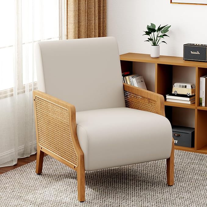 WENTMENT Modern Accent Chair, Armchair with Natural Rattan Armrest, Upholstered Living Room Chair Comfy Single Sofa Chair for Hosting Room/Bedroom,Beige