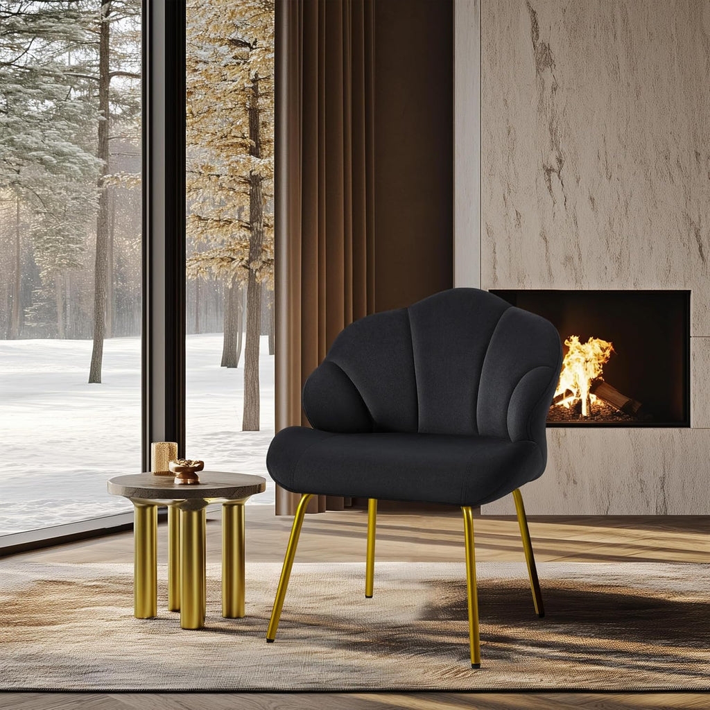 Yaheetech Flower Shape Vanity Chair with Petal Armrests, Black | Velvet Makeup Chair no Wheels with Golden Metal Legs, Modern Side Armchair with Back for Living Room/Bedroom/Home Office