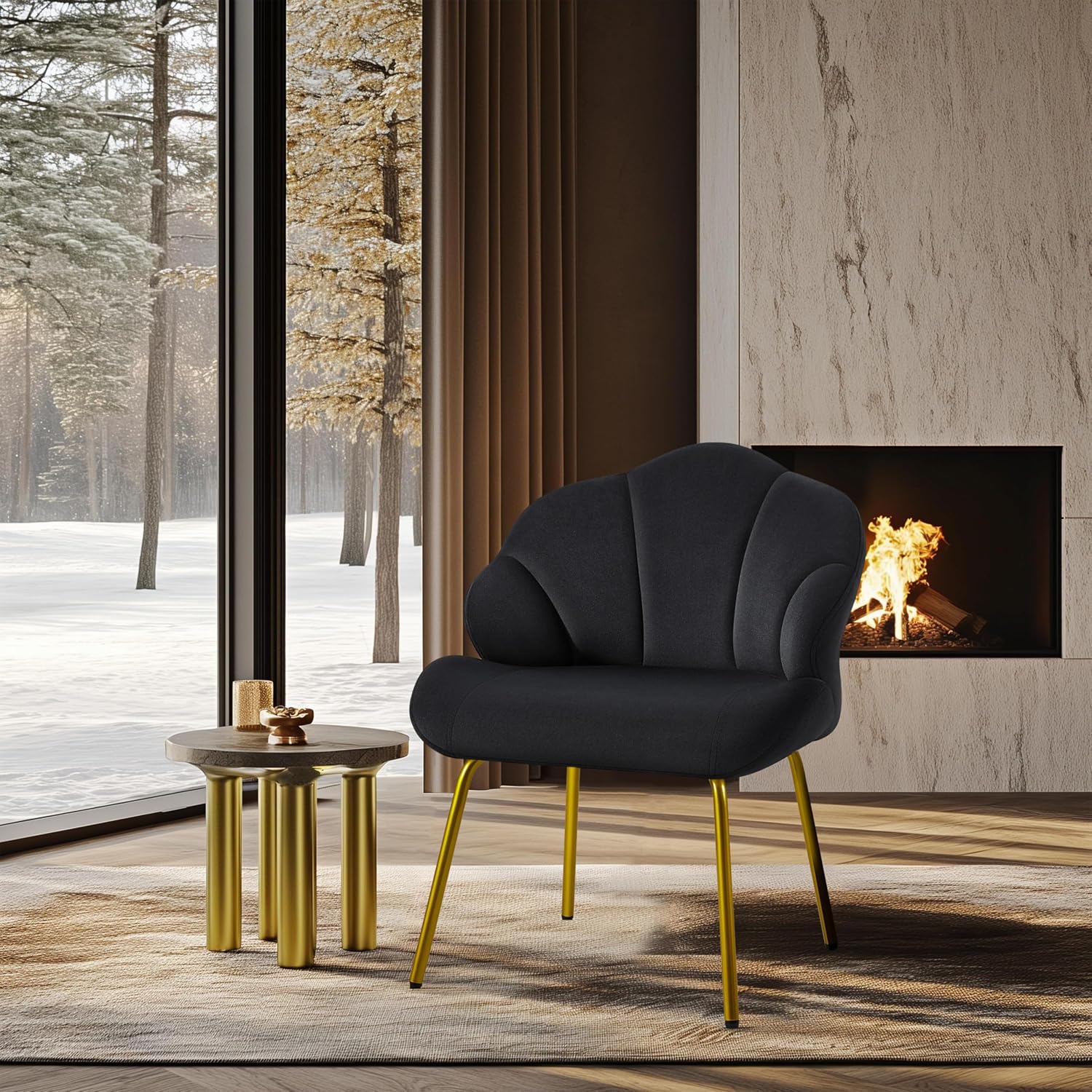 Yaheetech Flower Shape Vanity Chair with Petal Armrests, Black | Velvet Makeup Chair no Wheels with Golden Metal Legs, Modern Side Armchair with Back for Living Room/Bedroom/Home Office
