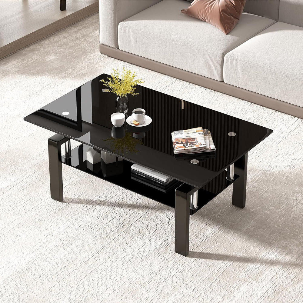Glass Coffee Table Set of 3, Modern Black Living Room Tables, Coffee and End ...