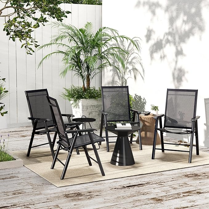 Outsunny Set of 4 Patio Folding Chairs, Stackable Outdoor Sling Patio Dining Chairs with Armrests for Lawn, Camping, Dining, Beach, Metal Frame, No Assembly, Black