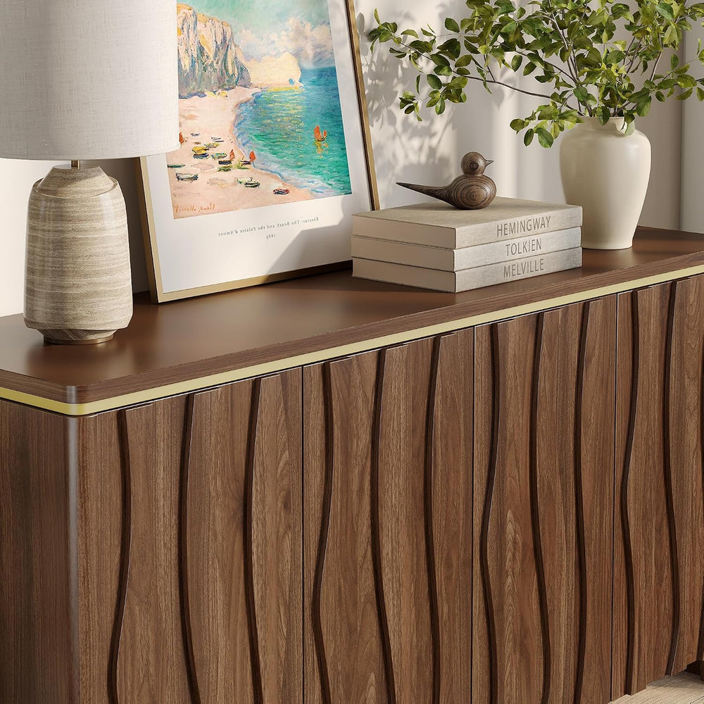 Vabches Fluted Buffet Cabinet with Storage, 3D Ripple Pattern Doors and Curve...