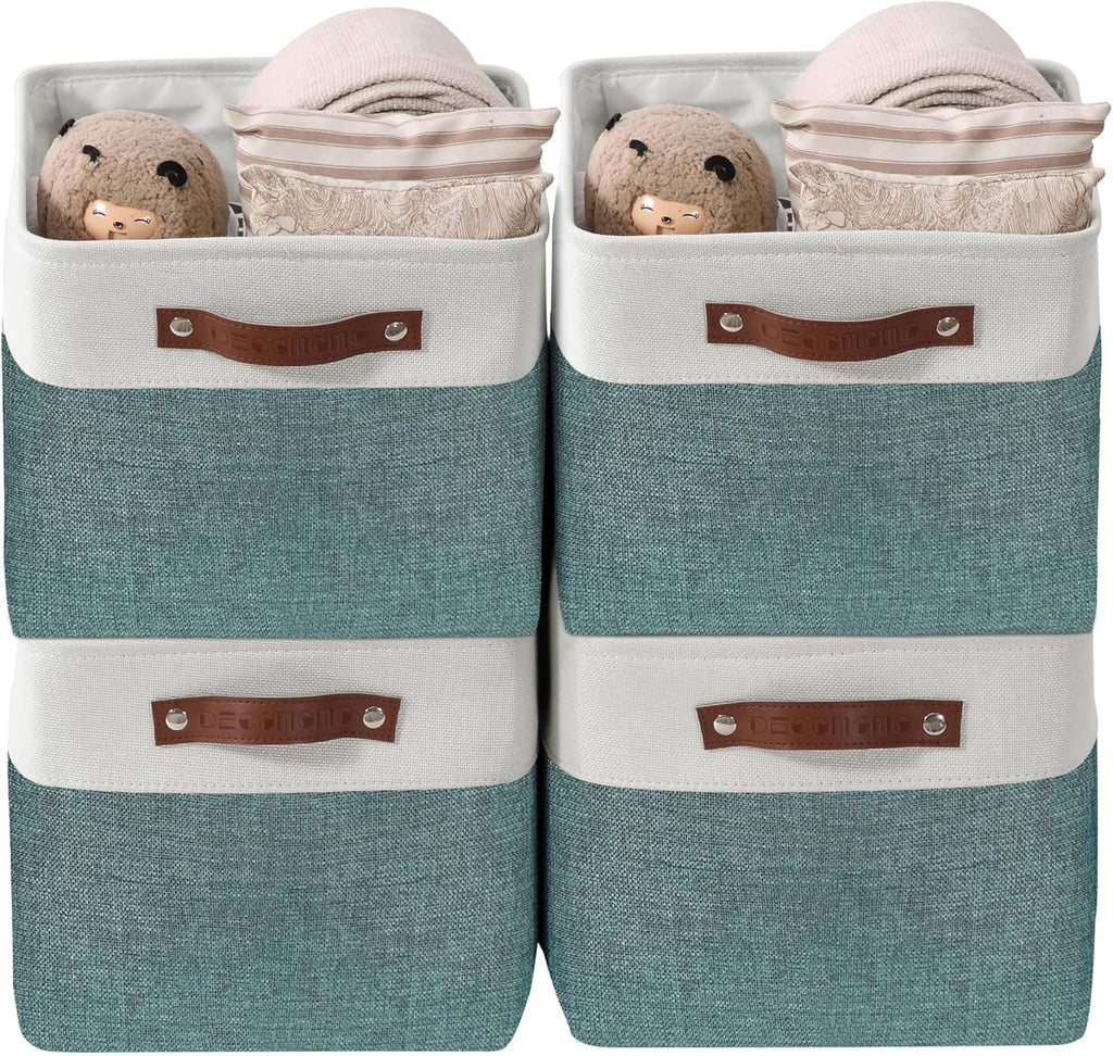 DECOMOMO Storage Baskets for Shelves - Fabric Storage Bins, Linen Closet Organizers and Storage (Green & White, Large - 4 Pack)