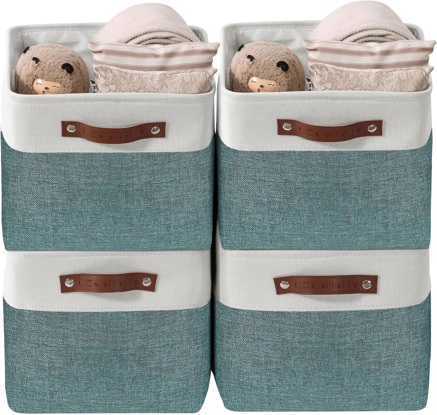 DECOMOMO Storage Baskets for Shelves - Fabric Storage Bins, Linen Closet Organizers and Storage (Green & White, Large - 4 Pack)